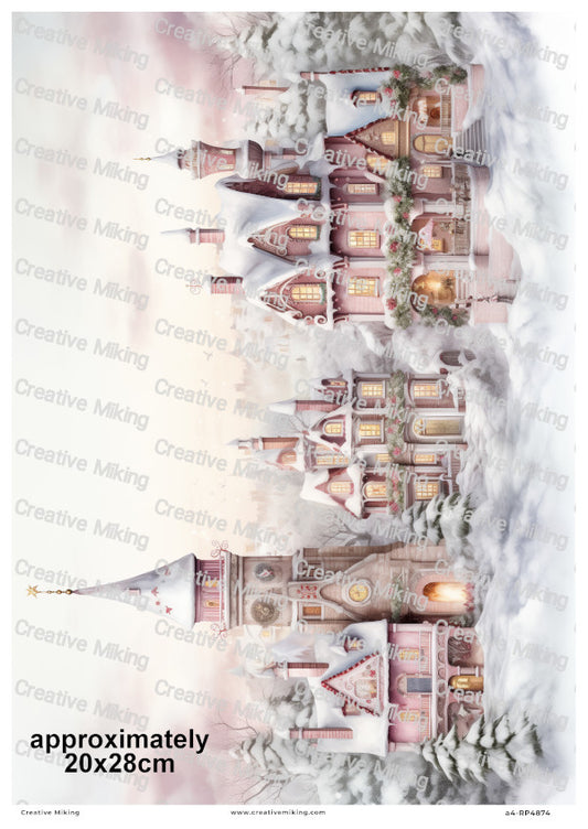 Pink Winter Village Christmas Decoupage Rice Paper | RP4874
