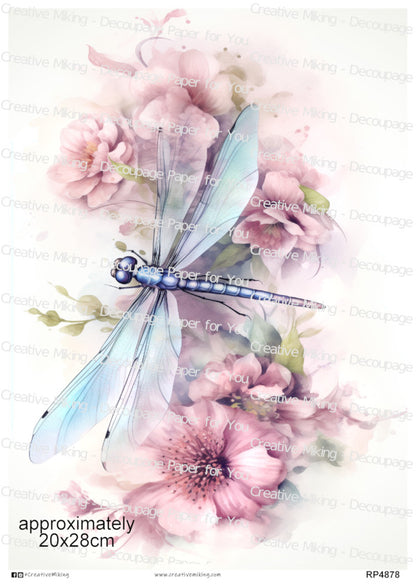Dragonfly With Pink Flowers Decoupage Paper | RP4878