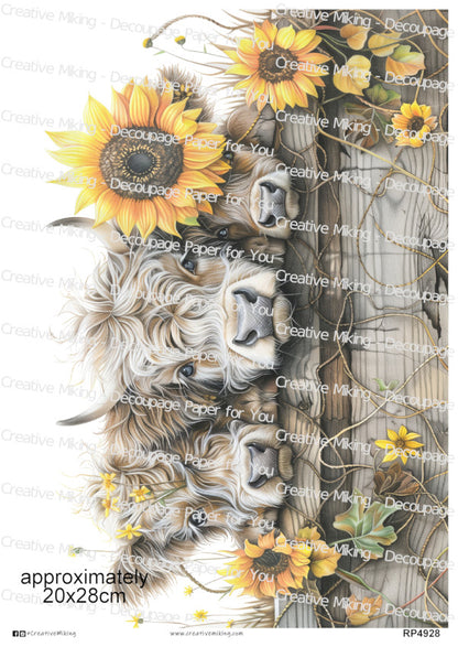 Highland Cows Peeking Over A Wooden Fence With Sunflowers Decoupage Rice Paper | RP4928