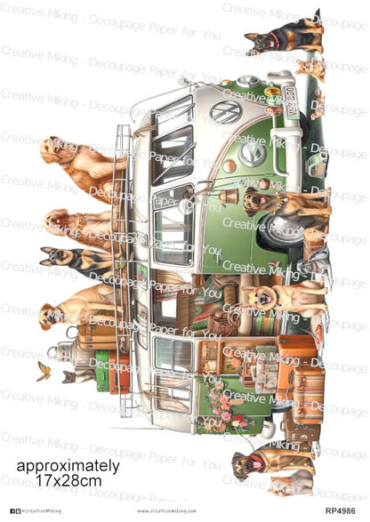 Dogs Around Vintage Camper Van Decoupage Paper | RP4986