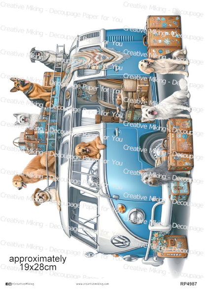 Dogs Around Blue Vintage Camper Van Decoupage Paper | RP4987