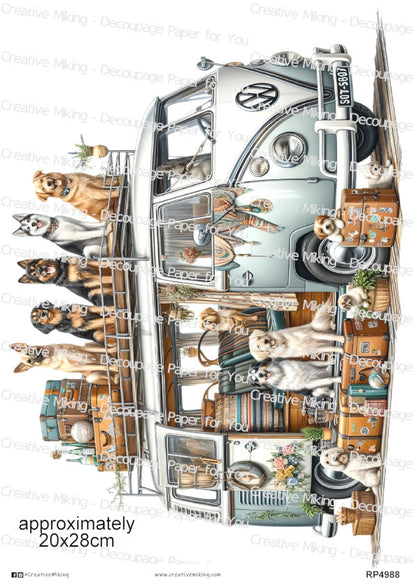 Dogs Around Vintage Camper Van Decoupage Rice Paper | RP4988