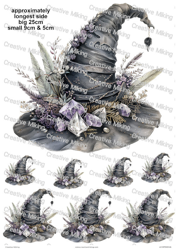 Wiccan Witch Hat With Crystals And Flowers Decoupage Rice Paper | RP5004b
