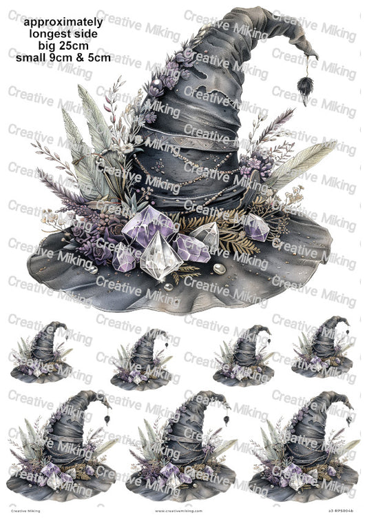 Wiccan Witch Hat With Crystals And Flowers Decoupage Rice Paper | RP5004b