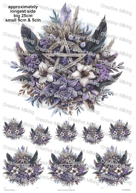 Wiccan Pentagram With Crystals Feathers And Flowers Decoupage Rice Paper | RP5004c