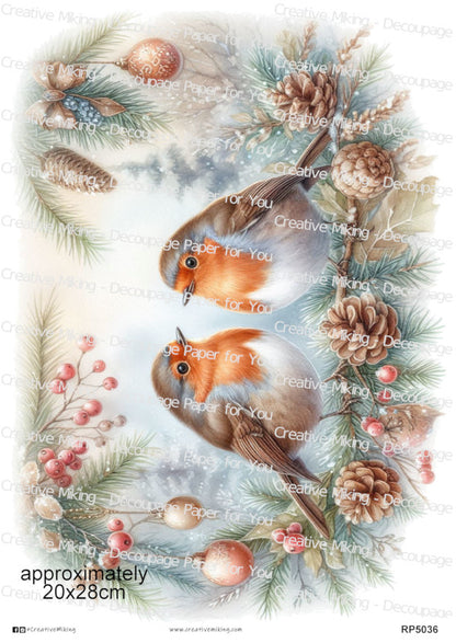 Robin Birds Among Pine Cones And Winter Greenery Christmas Decoupage Paper | RP5036