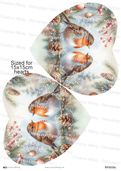 Robin Birds Among Pine Cones And Winter Greenery Christmas Decoupage Paper | RP5036c