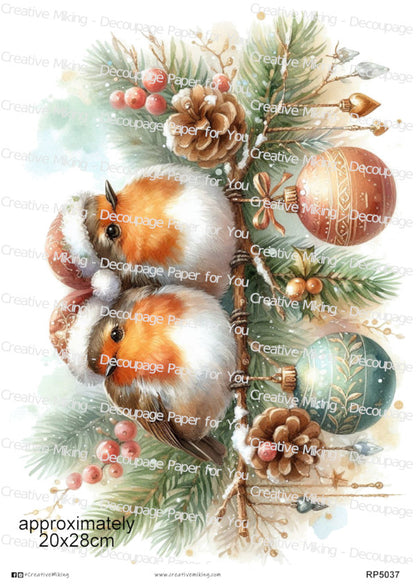 Robin Birds Among Christmas Ornaments And Winter Greenery Decoupage Paper | RP5037