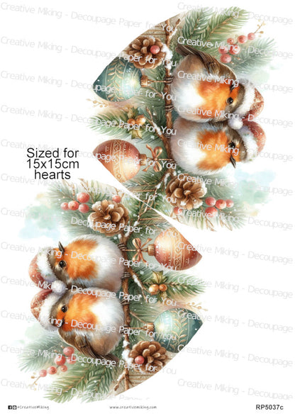 Robin Birds Among Christmas Ornaments And Winter Greenery Decoupage Paper | RP5037c