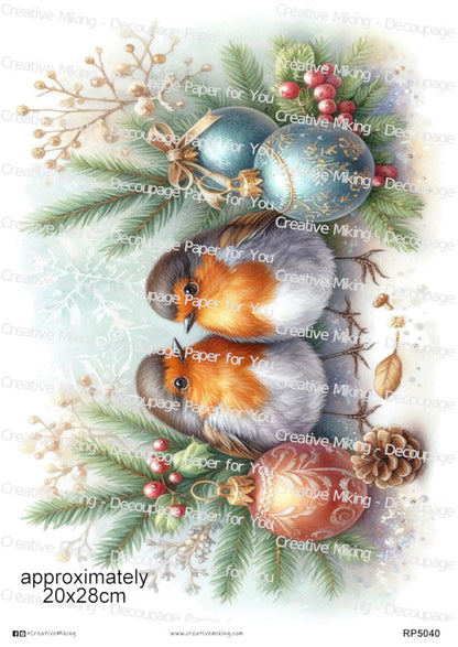 Robin Birds Among Christmas Ornaments And Winter Greenery Decoupage Paper | RP5040
