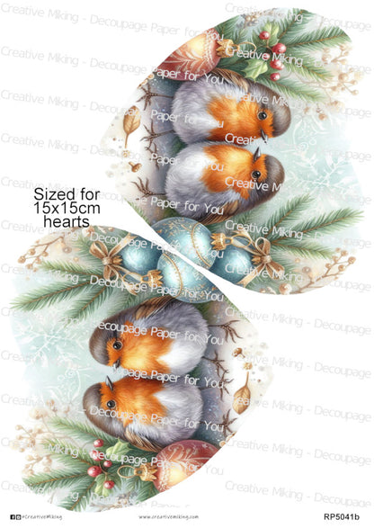 Robin Birds Among Christmas Ornaments And Winter Greenery Decoupage Paper | RP5041b