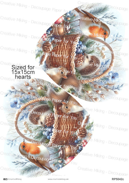 Robin Bird And Woodland Animals Around Wicker Basket In Winter Christmas Decoupage Paper | RP5042c