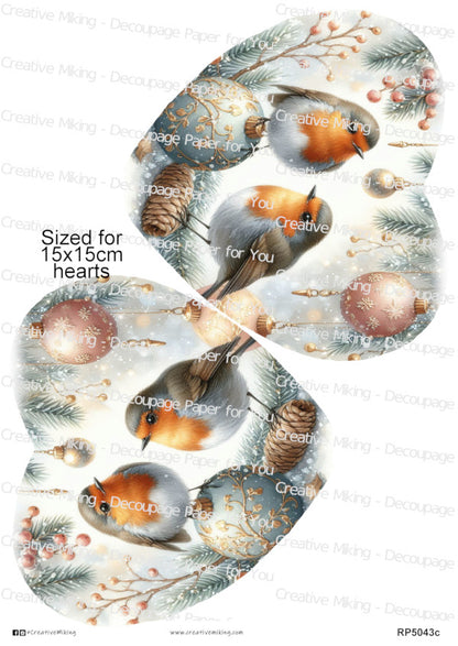Robin Birds Among Christmas Ornaments And Winter Greenery Decoupage Paper | RP5043c