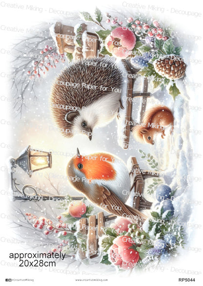 Robin Bird And Hedgehog In Winter Scenery Christmas Decoupage Paper | RP5044