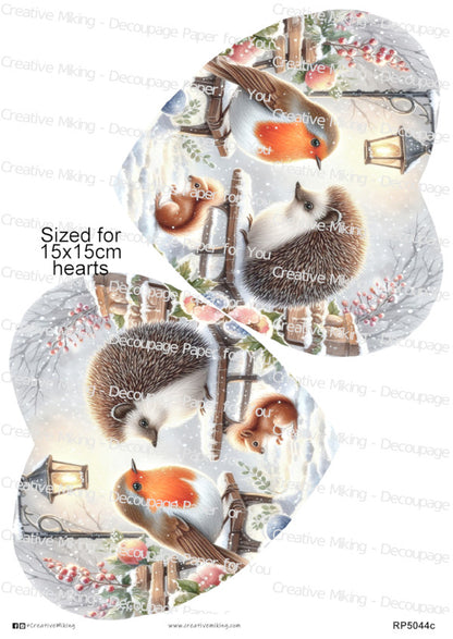 Robin Bird And Hedgehog In Winter Scenery Christmas Decoupage Paper | RP5044c