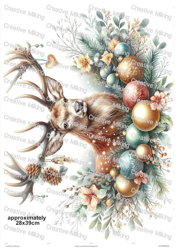 Stag With Baubles Christmas Decoupage Rice Paper | RP5046