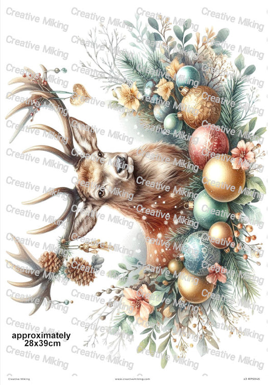 Stag With Baubles Christmas Decoupage Rice Paper | RP5046