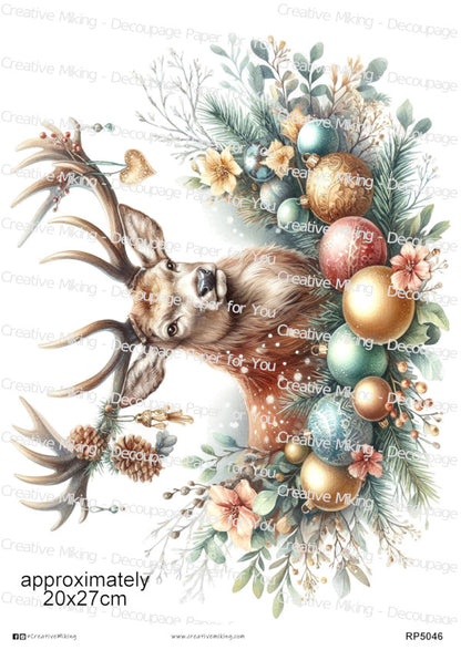 Stag With Baubles Christmas Decoupage Rice Paper | RP5046