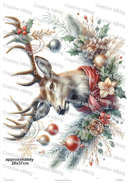Reindeer With Festive Decorations Christmas Decoupage Rice Paper | RP5048