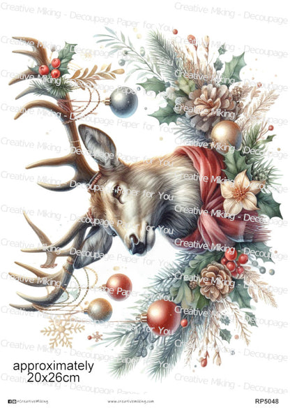Reindeer With Festive Decorations Christmas Decoupage Rice Paper | RP5048