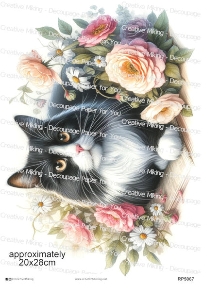 Tuxedo Cat Portrait Among Flowers Decoupage Paper | RP5067