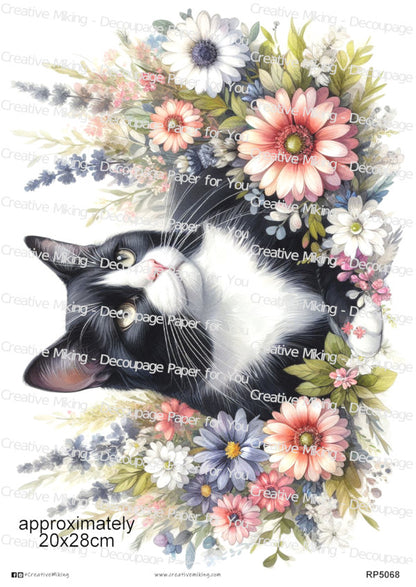 Tuxedo Cat Portrait Among Flowers Decoupage Rice Paper | RP5068