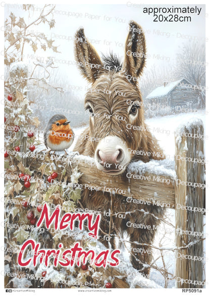 RP5091a - Donkey with Robin "Merry Christmas"