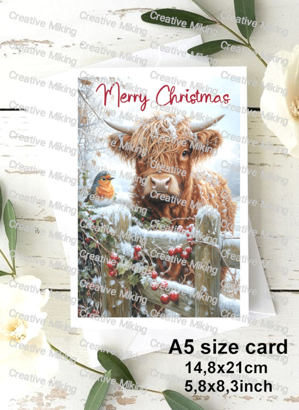 RP5096a - Highland Cow with Robin - "Merry Christmas"