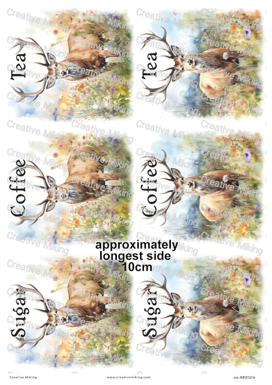 Stag in Wildflowers Kitchen Labels Decoupage Rice Paper – Tea, Coffee, Sugar | RP5121b