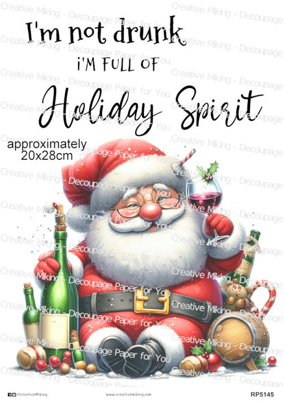 Santa Drinking Wine Funny Christmas Decoupage Rice Paper | RP5145