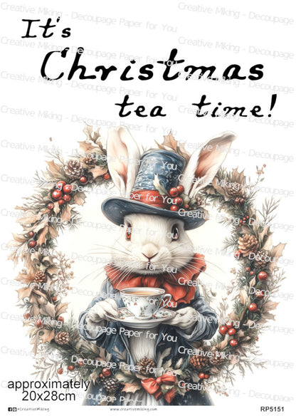 White Rabbit Christmas Decoupage Paper | RP5151