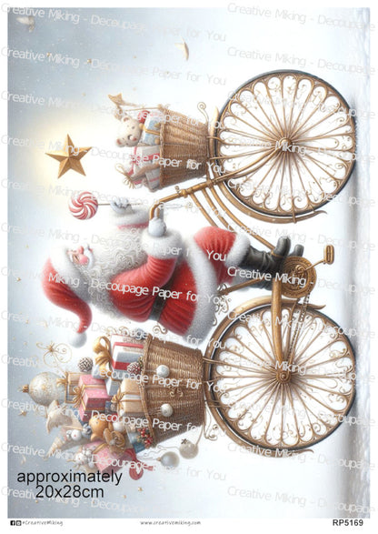Santa Claus On Vintage Bicycle With Gifts Christmas Decoupage Paper | RP5169