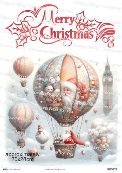 Santa in Hot Air Balloon Christmas Decoupage Paper – “Merry Christmas” | RP5171
