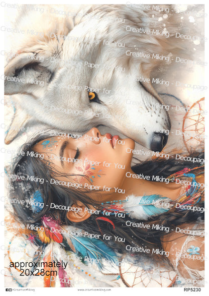 Native American Woman And White Wolf Decoupage Paper | RP5230