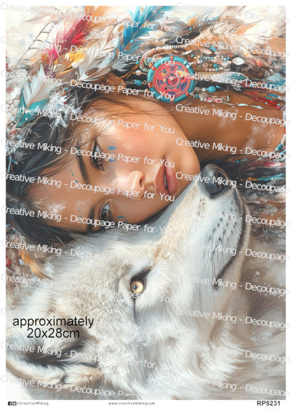 Native American Woman And White Wolf Decoupage Paper | RP5231