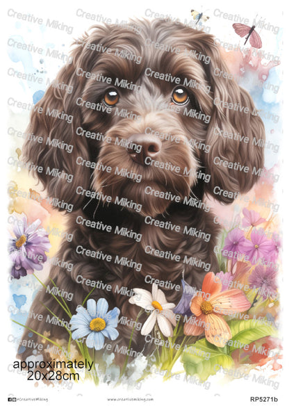 Cockapoo Dog Portrait Among Flowers Decoupage Paper | RP5271b