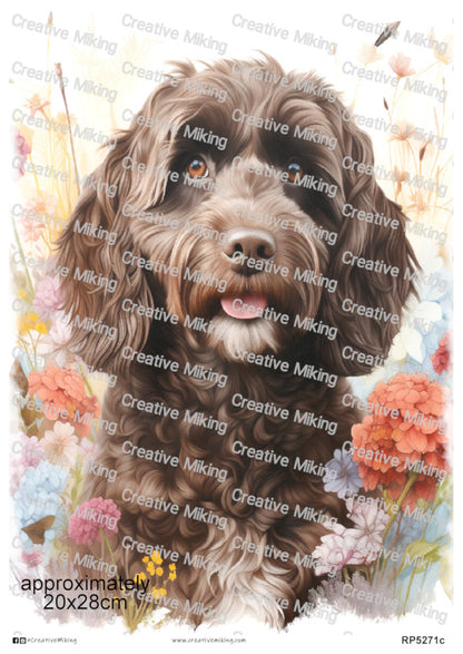 Cockapoo Dog Portrait Among Flowers Decoupage Rice Paper | RP5271c