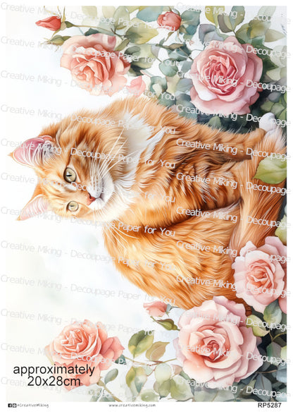 Ginger Tabby Cat Portrait Among Roses Decoupage Rice Paper | RP5287