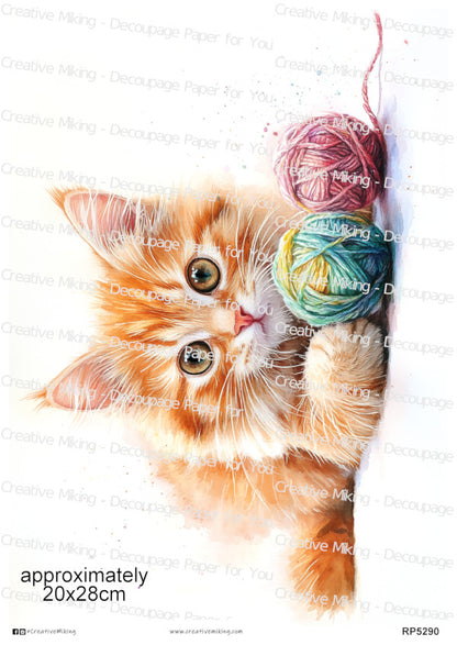 Ginger Tabby Cat Playing With Yarn Decoupage Paper | RP5290