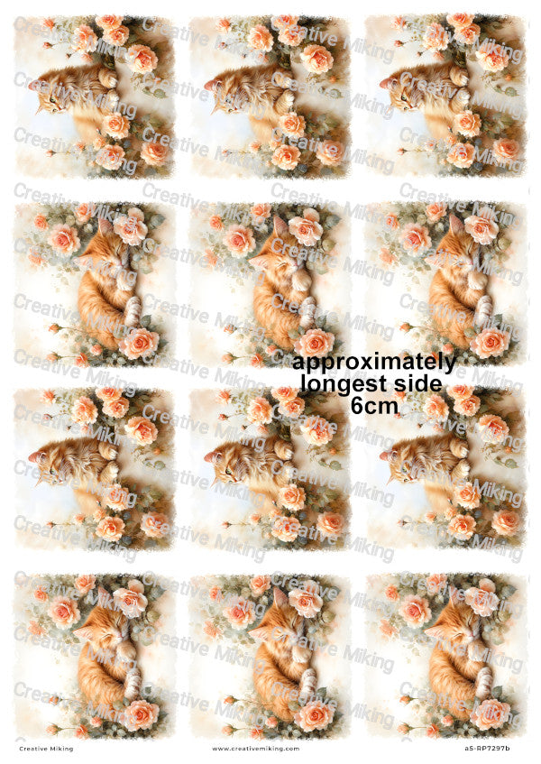 Ginger Cat In Roses Decoupage Rice Paper | RP5297b