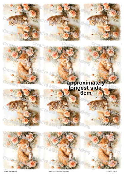 Ginger Cat In Roses Decoupage Rice Paper | RP5297b