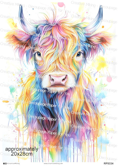Colorful Highland Cow Watercolor Splashes Decoupage Rice Paper | RP5334