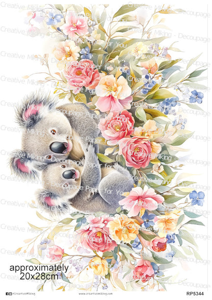 Mother And Baby Koala Among Flowers Decoupage Paper | RP5344