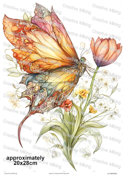 Butterfly With Tulip Flower Decoupage Rice Paper | RP5364