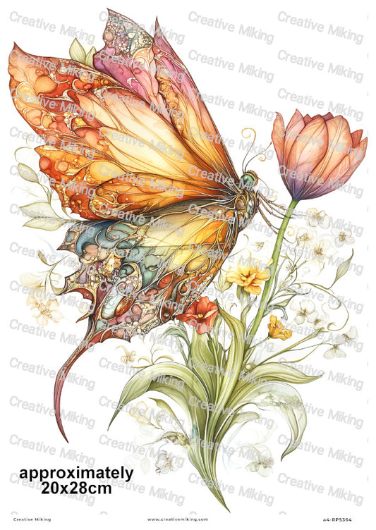 Butterfly With Tulip Flower Decoupage Rice Paper | RP5364