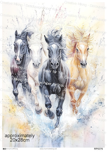Running Horses Watercolor Splashes Decoupage Paper | RP5376