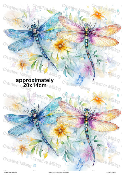Colourful Dragonflies With Flowers Decoupage Rice Paper | RP5410