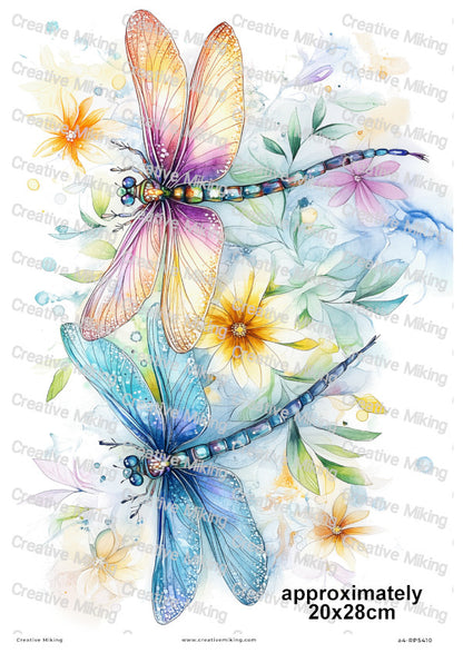 Colourful Dragonflies With Flowers Decoupage Rice Paper | RP5410