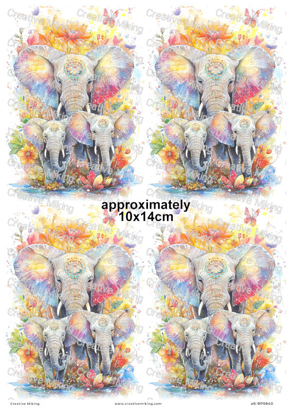 Elephant Mother With Two Baby Elephants Among Colorful Floral Splashes Decoupage Rice Paper | RP5640