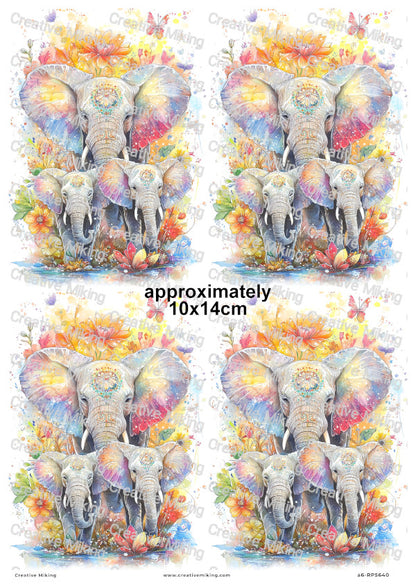 Elephant Mother With Two Baby Elephants Among Colorful Floral Splashes Decoupage Rice Paper | RP5640